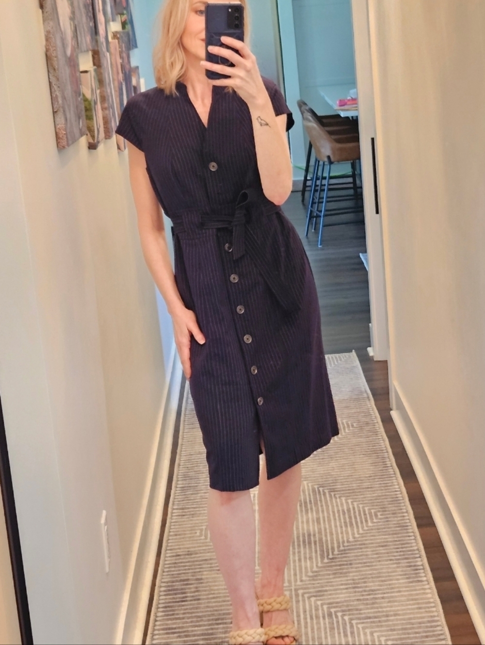 Calvin Klein Navy Pinstripe Belted Dress Size 8